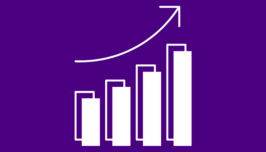 White line drawing of a three bar graph with a curved line above the graph on a dark violet background.